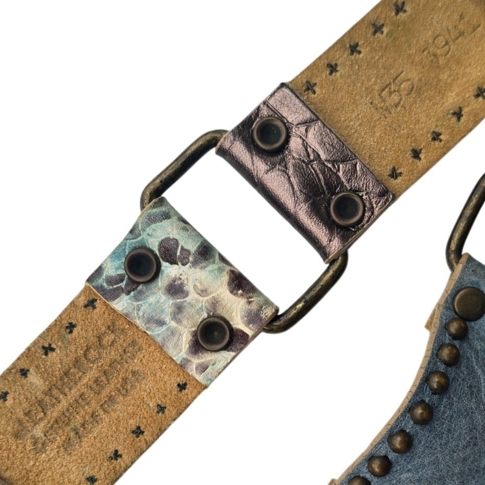 Leatherock USA Mixed Leather Studded Link Belt Blue Teal Bronze Boho M35 3941 - Picture 2 of 7
